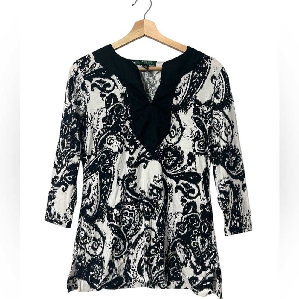 Lauren Ralph Lauren Shirt Womens Small Black White Paisley 3/4 Sleeve V-neck